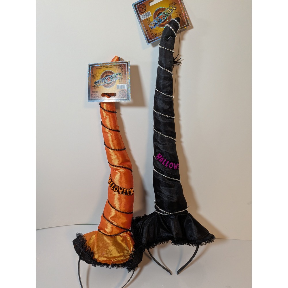 Wicked Tales Halloween Witch Hat Headbands Set of 2 Orange Black Lace Spider